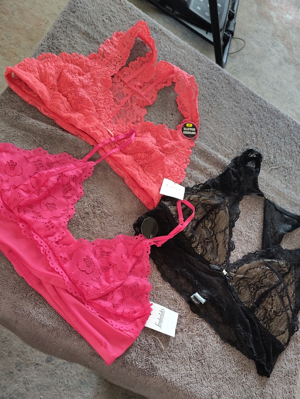 Frederick's of Hollywood Lace Bralette Trio in Coral, Hot Pink & Black